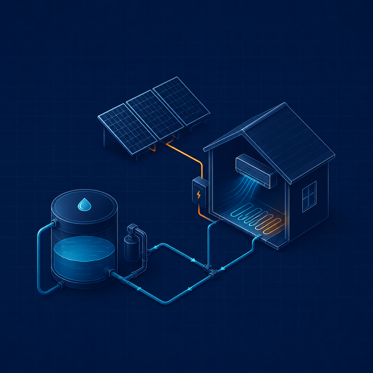 Esquema de una vivienda con fontanería, climatización y placas solares conectadas: depósito de agua, bomba, suelo radiante, split de aire acondicionado y cuadro eléctrico.
